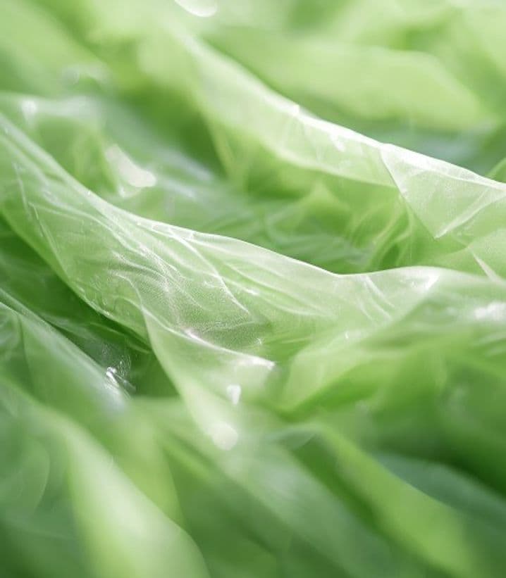 Macro detail of translucent green stretch film catching daylight